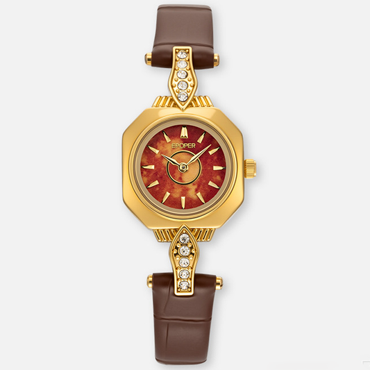 Aura Curve - Fashion Classic Brown Gold Case Red Dial Ladies Quartz Watch with Sculpted Oval Dial