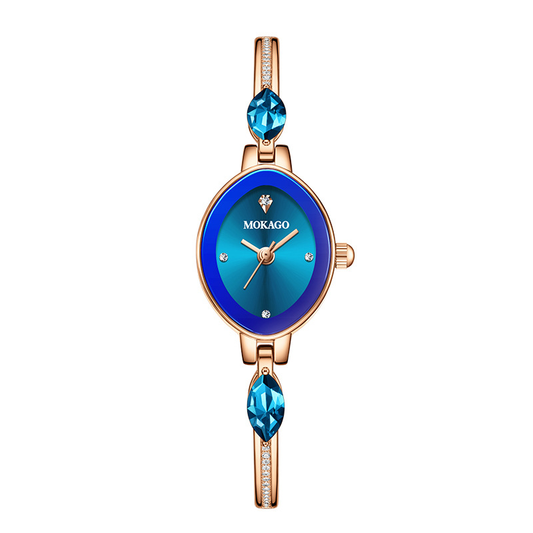 Rose Gold Women’s Slim Diamond Strap Blue Oval Gem Dial Quartz Watch Luxury Elegant Style – Sapphire Grace