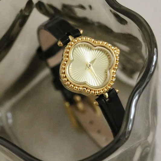 Lucky Clover Gold Dial Black Leather Women's Quartz Watch