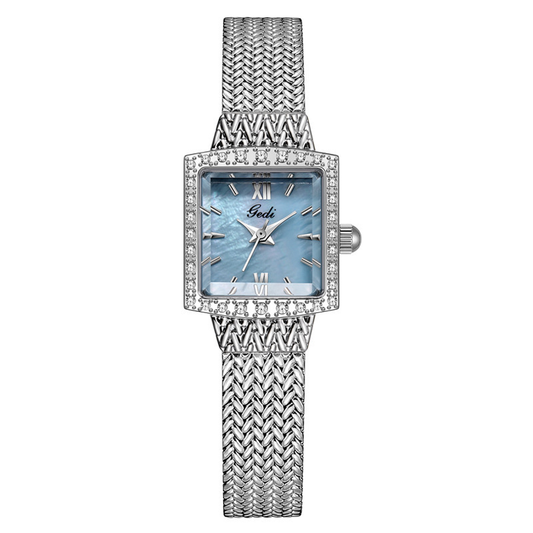 Frosted Blue Timepiece: Square Mother-of-Pearl and Diamond Mesh Band Watch