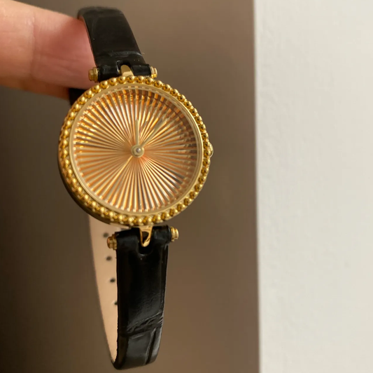 Vintage-Inspired French Chic: Black Leather & Gold Dial Quartz Watch