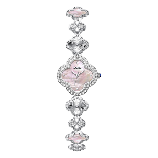 Silver Watch for Women – Dainty Bangle Watch with Pink Mother of Pearl Clover Dial | Lucky