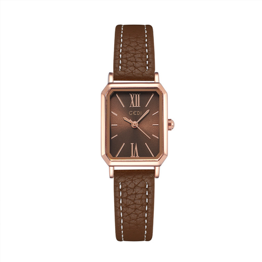 Vintage Women’s Quartz Watch – Brown Leather Strap with Rose Gold Case and Brown Rectangular Dial