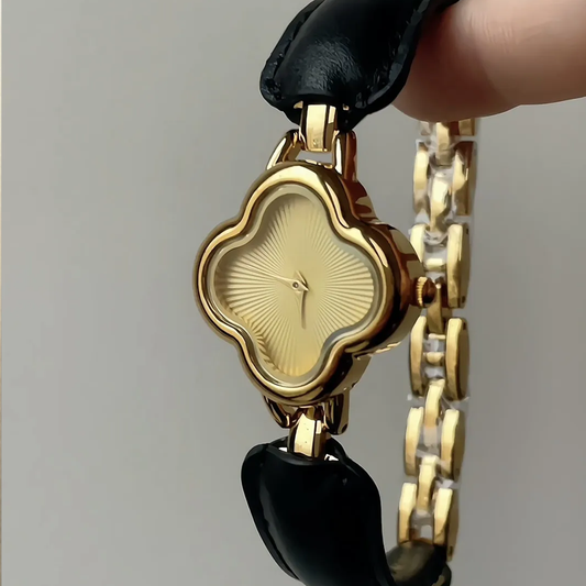 Golden Clover Charm Timepiece: Black & Gold Leather Quartz Watch