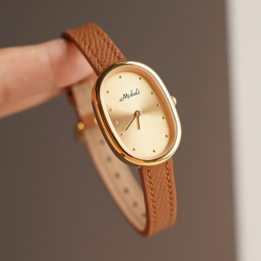 Amber Gold Timepiece: Oval Dial Leather Quartz Watch