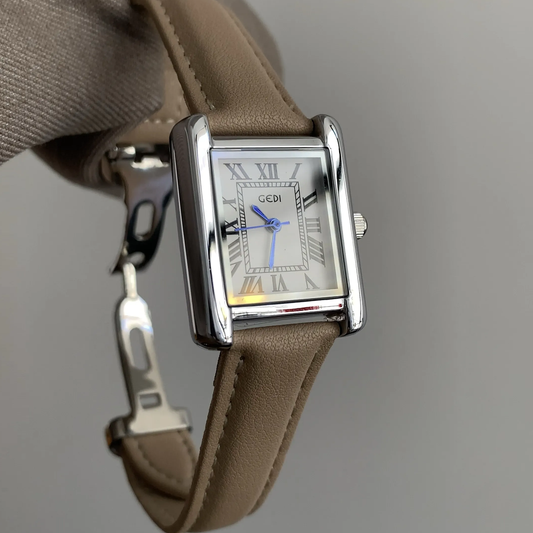 Ivory Silver Timepiece: Beige Strap Square Quartz Watch