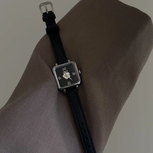 Vintage Elegance: Black Leather & Silver Case Camellia Dial Quartz Watch