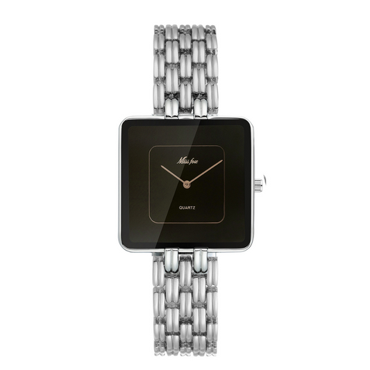 Silver Women’s Minimalist Watch – Square Oversized Black Dial Quartz Watch with Metal Bracelet | Noire