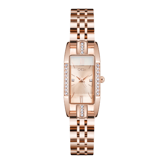 Rose Gold Women’s Elegant Watch – Rectangular Dial Quartz Watch with Crystal-Studded Case | Camille