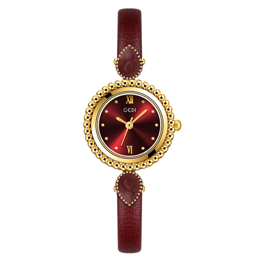 Red Women’s Watch – Vintage Round Dial Quartz Watch with Gold Case & Leather Strap | Amour