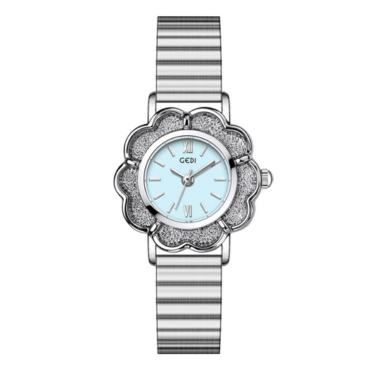 Silver Women’s Watch – Minimal Round Blue Dial Quartz Watch with Teapot-Inspired Case & Slim Strap | Camellia