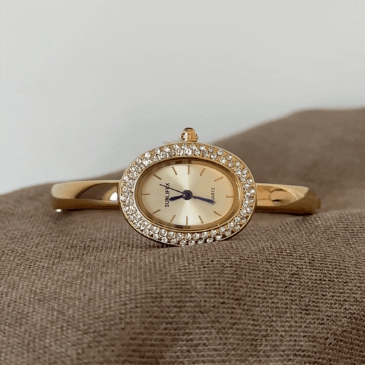 Gold Women’s Watch – Bangle Watch with Tub-Shaped Gold Dial and Crystal-Studded Case | Luma