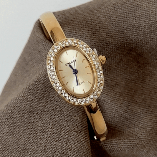 Gold Women’s Watch – Bangle Watch with Tub-Shaped Gold Dial and Crystal-Studded Case | Luma