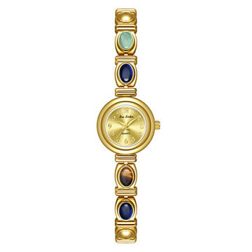 Gold Women’s Watch – Gemstone-Embellished Round Dial Bangle Watch with Gold Bracelet | Solora