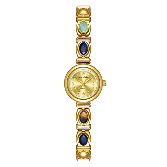 Gold Women’s Watch – Gemstone-Embellished Round Dial Bangle Watch with Gold Bracelet | Solora