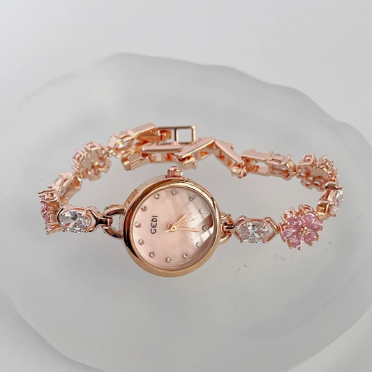 Rose Gold Women’s Watch – Pink Round Dial Bangle Watch with Sakura Diamond Accents | Hanami