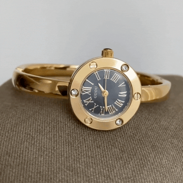 Gold Women’s Watch – Black Round Dial Bangle Watch with Roman Numerals & Crystal Bezel | Aurelia