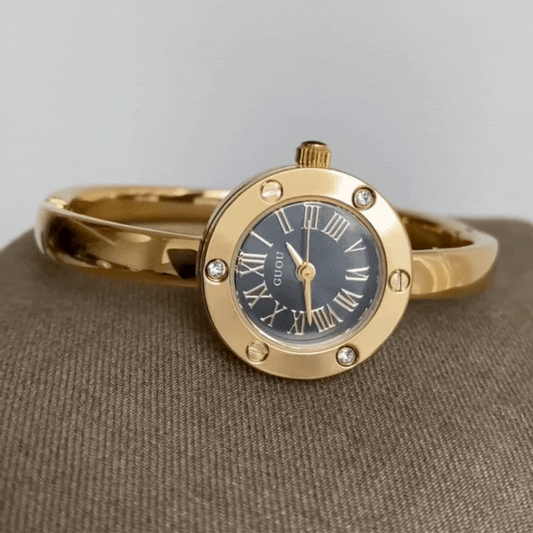 Gold Women’s Watch – Black Round Dial Bangle Watch with Roman Numerals & Crystal Bezel | Aurelia