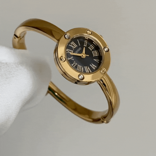 Gold Women’s Watch – Black Round Dial Bangle Watch with Roman Numerals & Crystal Bezel | Aurelia