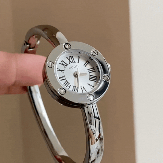 Silver Women’s Watch – White Round Dial Bangle Watch with Crystal Bezel & Roman Numerals | Liora