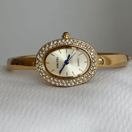 Gold Women’s Watch – Bangle Watch with Tub-Shaped Gold Dial and Crystal-Studded Case | Luma