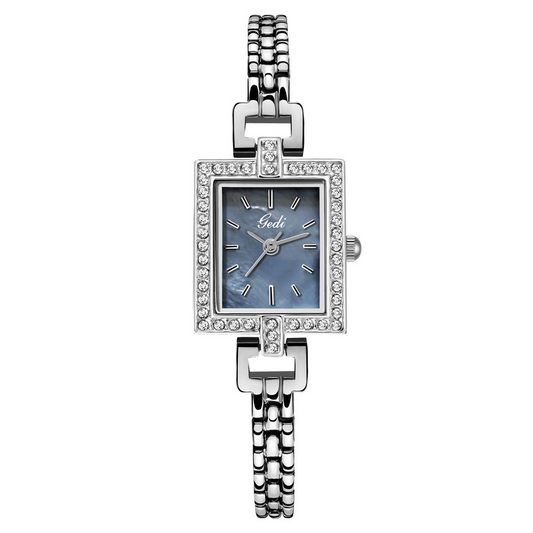 Minimalist Silver Women’s Watch – Rectangular Blue Dial with Crystal Bezel | Quartz