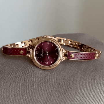 Red Women Watch Leather Gold Case Red Round Dial Women's Leather Watch