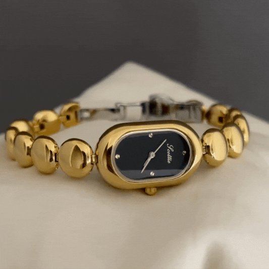 Gold Oval Black Dial Beaded Quartz Watch for Women - Elegant & Timeless