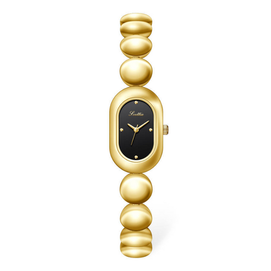 Gold Oval Black Dial Beaded Quartz Watch for Women - Elegant & Timeless
