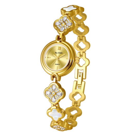 White-Gold Women’s Round Gold Dial Diamond-Accent Clover Bracelet Quartz Watch Vintage Style – Clover Shine
