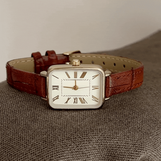 Roman Elegance – Vintage Brown Leather Strap Women’s Quartz Watch with Gold Rectangular Case and White Roman Dial