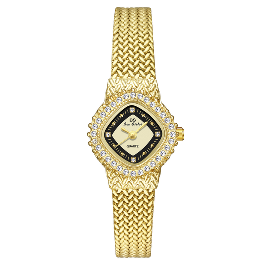 Golden Sheaf – Women’s Quartz Watch with Diamond-Shaped Crystal Case, Black-Edged Gold Dial, and Wheat-Link Bracelet