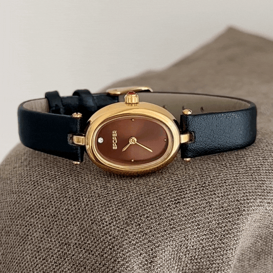 Classic Fashion Black Slim Leather Strap Oval Case Brown Dial Ladies Quartz Watch