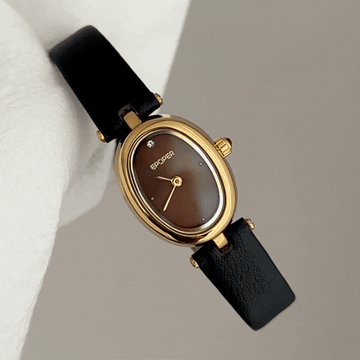 Classic Fashion Black Slim Leather Strap Oval Case Brown Dial Ladies Quartz Watch