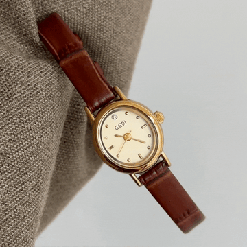 Aura Curve - Fashion Classic Oval Gold Dial Brown Leather Strap Ladies Quartz Watch