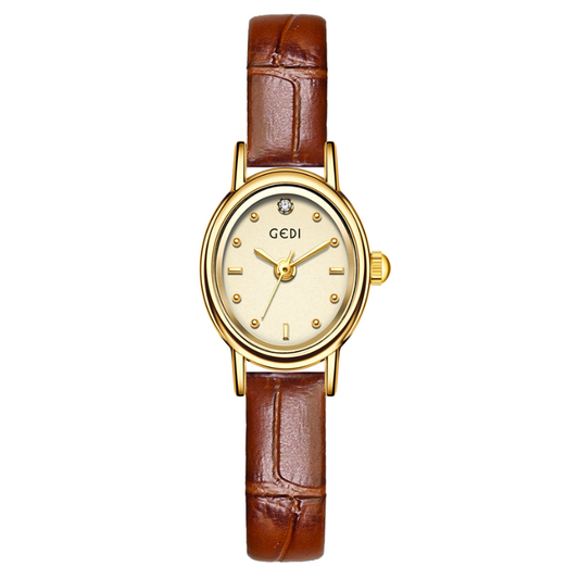 Aura Curve - Fashion Classic Oval Gold Dial Brown Leather Strap Ladies Quartz Watch