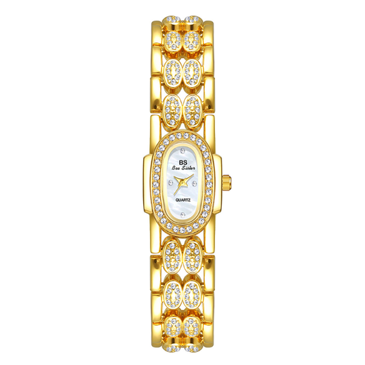 Opaline Grace – Vintage Gold Bangle Women’s Quartz Watch with Oval Mother-of-Pearl Dial and Crystal Accents