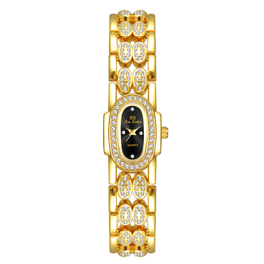Noir Éclat – Vintage Gold Bangle Women’s Quartz Watch with Black Mother-of-Pearl Oval Dial and Crystal Detailing