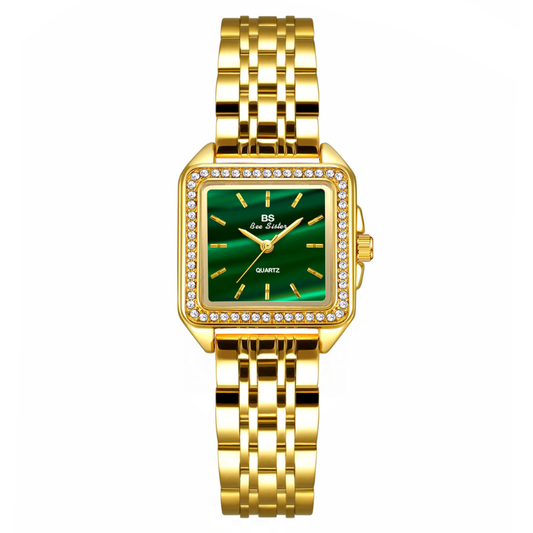 Verde Square – Modern Gold Stainless Steel Women’s Quartz Watch with Green Dial and Crystal-Set Case