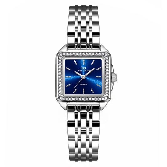 Azure Square – Modern Silver Stainless Steel Women’s Quartz Watch with Blue Dial and Crystal-Set Case