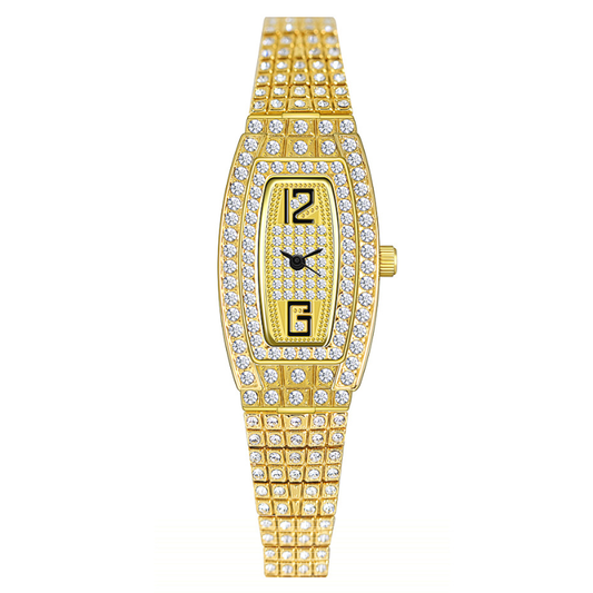 Lumière Barrel – Luxury Gold Tonneau Women’s Quartz Watch Fully Adorned with Crystals
