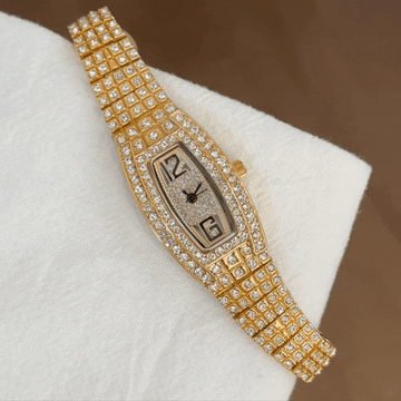 Lumière Barrel – Luxury Gold Tonneau Women’s Quartz Watch Fully Adorned with Crystals