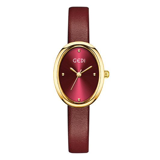 Red Women Oval Dial Watch Genuine Leather Slim Strap Gold Case Quartz French Vintage – Amour