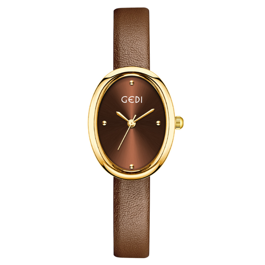 Elegant Latte Brown Thin Strap Women’s Quartz Watch with Oval Gold Case & Small Dial