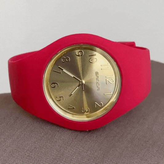 Sporty Chic – Women’s Red Silicone Strap Quartz Watch with Large Gold Round Dial