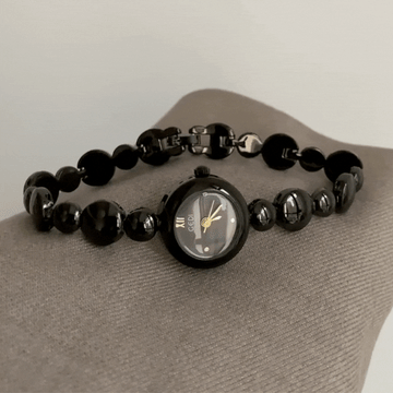 Noir Bead – Black Beaded Bracelet Small Round Dial Women’s Quartz Watch