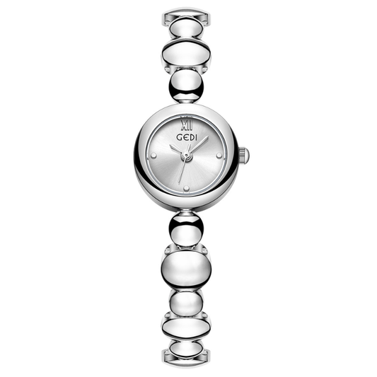 Minimal Chic – Women’s Silver Beaded Bracelet Small Round Quartz Watch