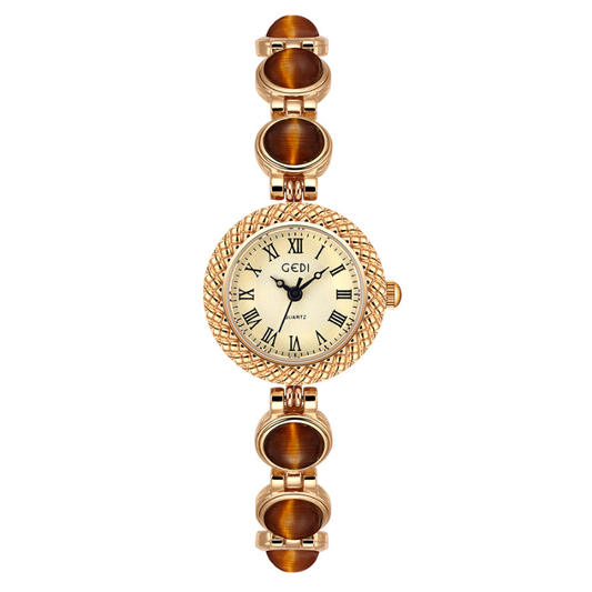 Vintage Elegance – Women’s Gold Bracelet Watch with Brown Gemstone Inlay and Round Dial