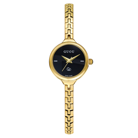Minimal Elegance – Women’s Gold Slim Strap Black Small Round Quartz Watch