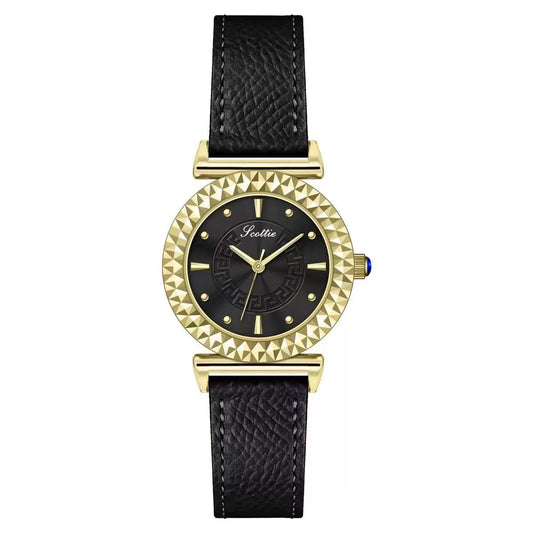 Urban Commute Black Round Dial Watch – Gold Frame & Genuine Leather Quartz
